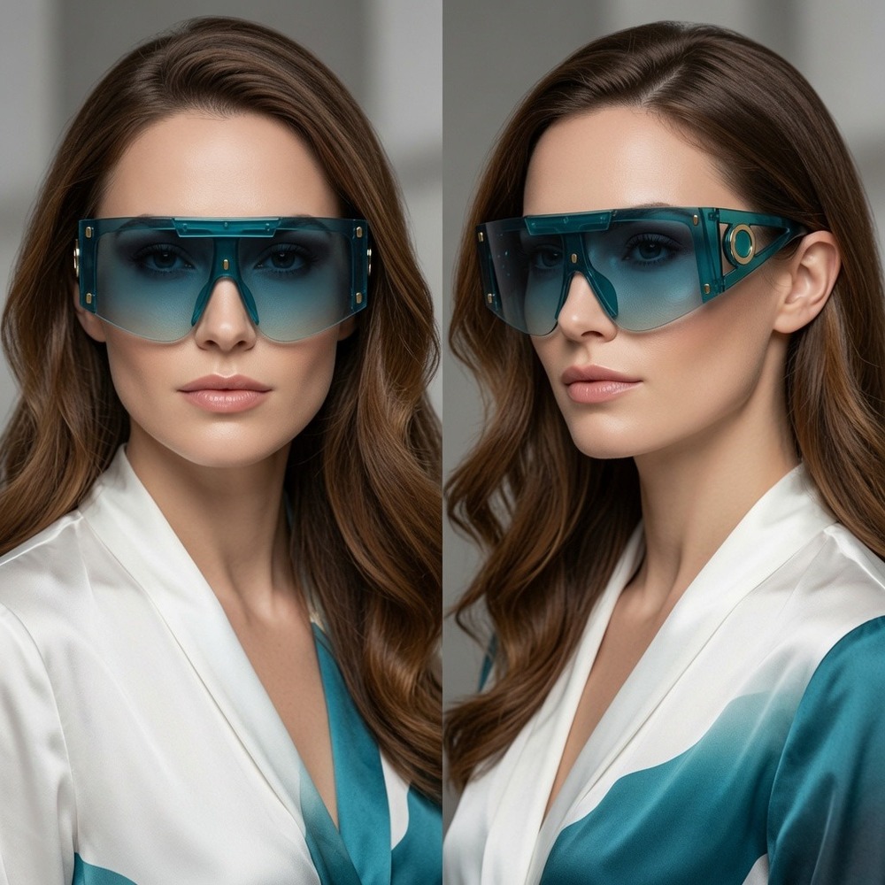 Shield Sunglasses Teal Green Gold Accents Oversized Fashion Luxury Trendy Lentes